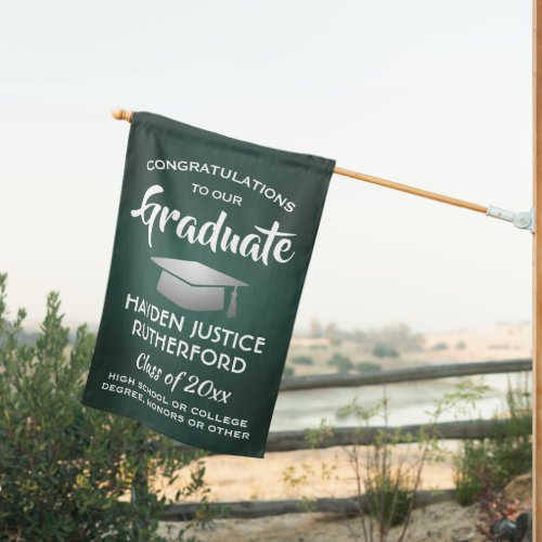 Graduation Congrats Brushed Dark Green and White House Flag