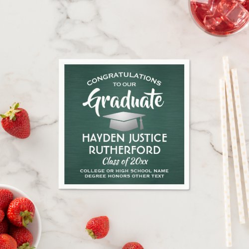 Graduation Congrats Brushed Dark Green and White Napkins