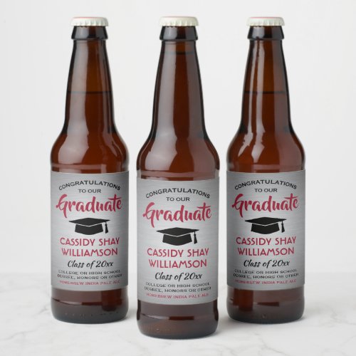 Graduation Congrats Brushed Gray Red and Black Beer Bottle Label