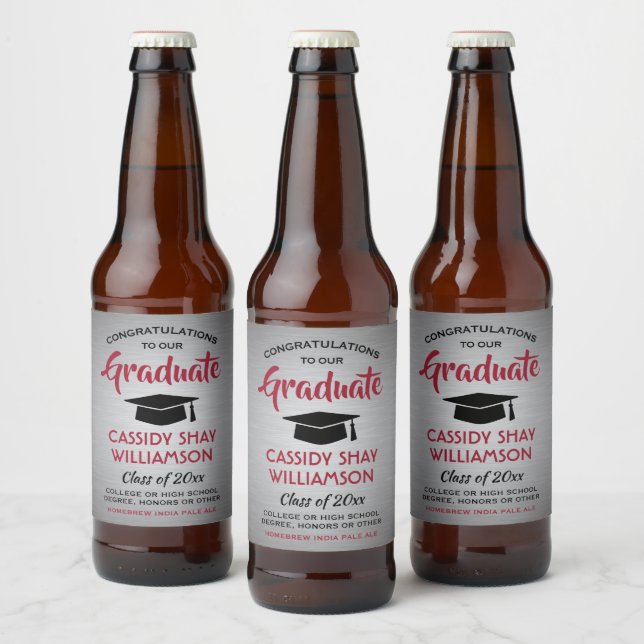 Graduation Congrats Brushed Gray Red and Black Beer Bottle Label (Bottles)