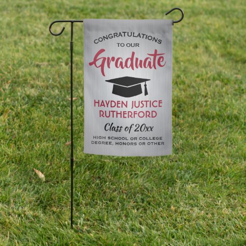 Graduation Congrats Brushed Gray Red and Black Garden Flag