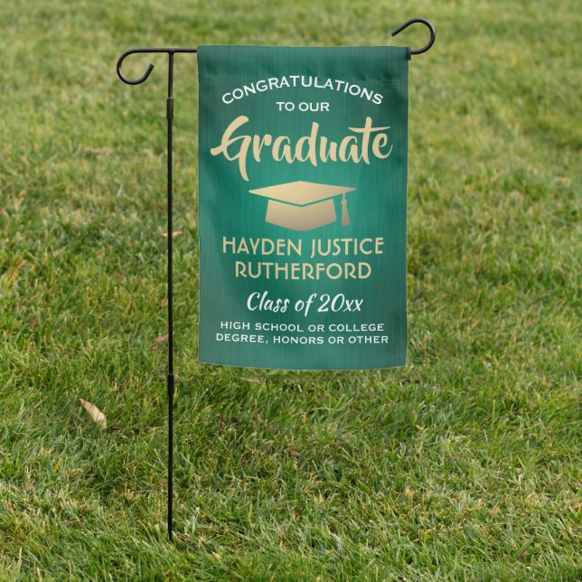 Graduation Congrats Brushed Green Gold and White Garden Flag (In SItu)