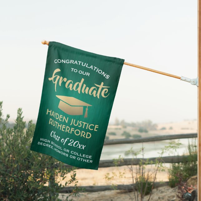 Graduation Congrats Brushed Green Gold and White House Flag (Insitu (Back))