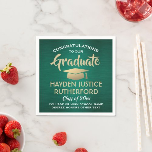 Graduation Congrats Brushed Green Gold and White Napkins