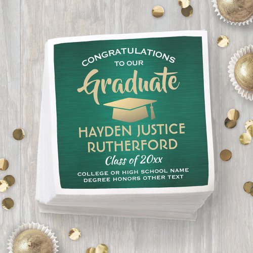 Graduation Congrats Brushed Green Gold and White Napkins