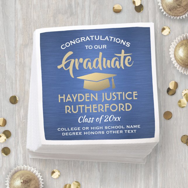 Graduation Congrats Brushed Modern Blue Gold White Napkins (Creator Uploaded)