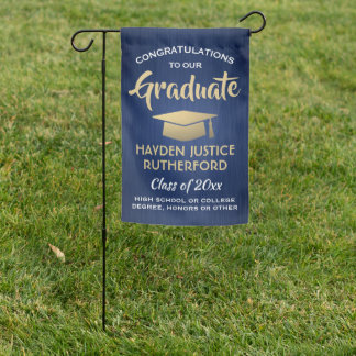 Graduation Congrats Brushed Navy Blue Gold & White Garden Flag