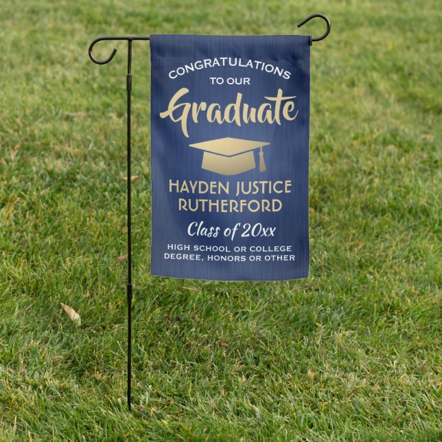 Graduation Congrats Brushed Navy Blue Gold & White Garden Flag (In SItu)