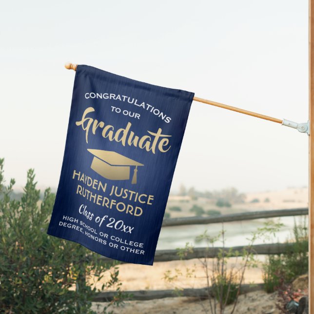 Graduation Congrats Brushed Navy Blue Gold & White House Flag (Insitu (Back))