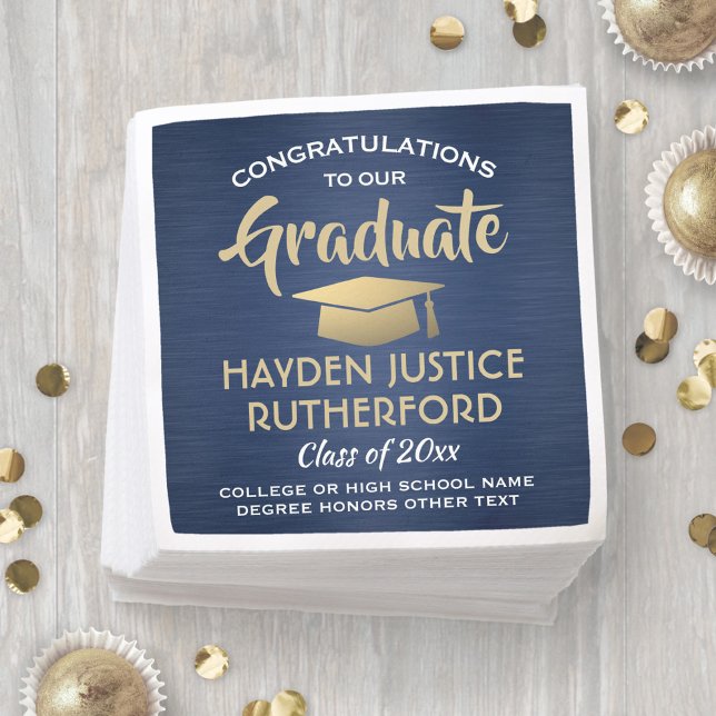 Graduation Congrats Brushed Navy Blue Gold & White Napkins (Creator Uploaded)
