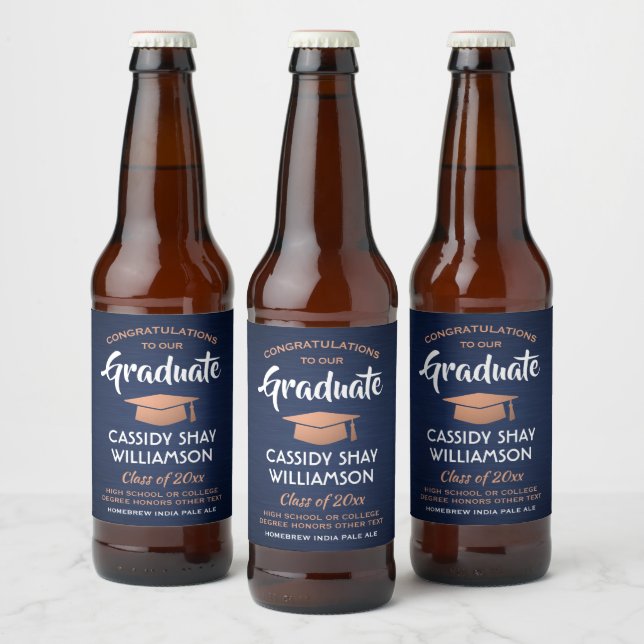 Graduation Congrats Brushed Navy Blue White Copper Beer Bottle Label (Bottles)