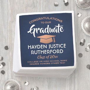 Graduation Congrats Brushed Navy Blue White Copper Napkins
