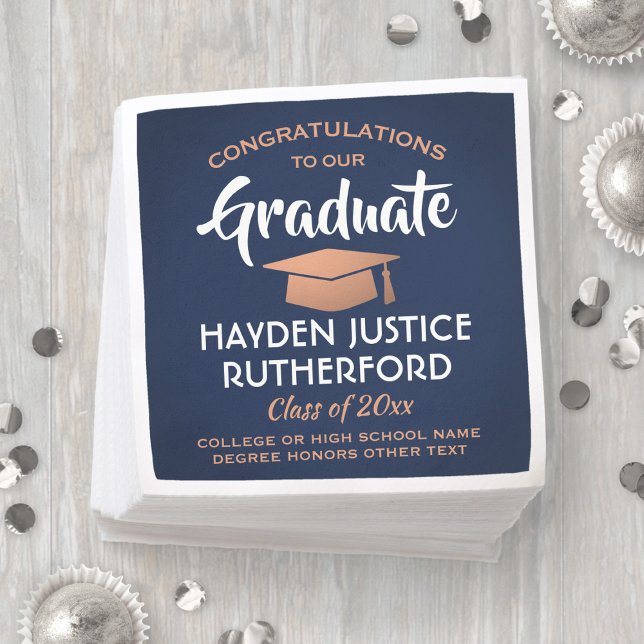 Graduation Congrats Brushed Navy Blue White Copper Napkins (Creator Uploaded)