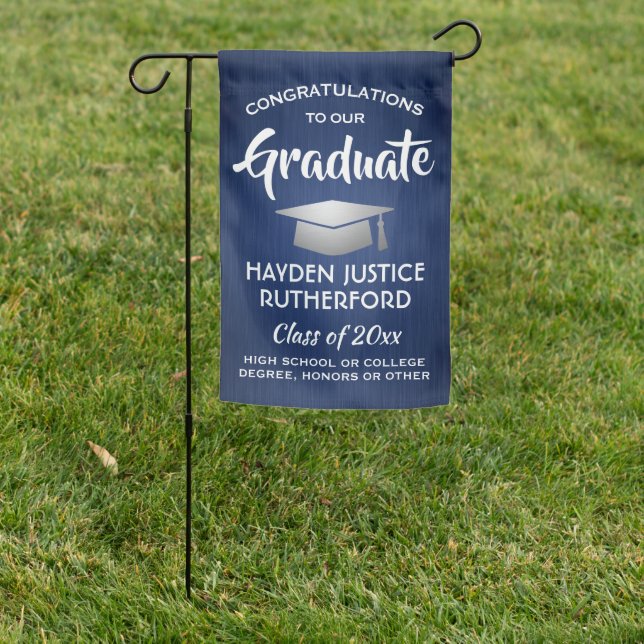 Graduation Congrats Brushed Navy Blue White Silver Garden Flag (In SItu)