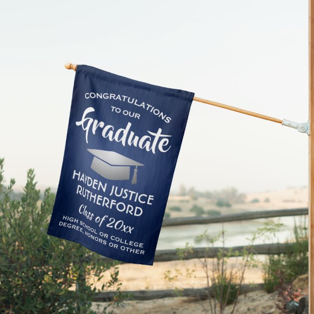 Graduation Congrats Brushed Navy Blue White Silver House Flag (Insitu (Back))