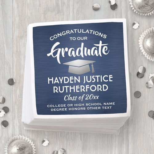 Graduation Congrats Brushed Navy Blue White Silver Napkins