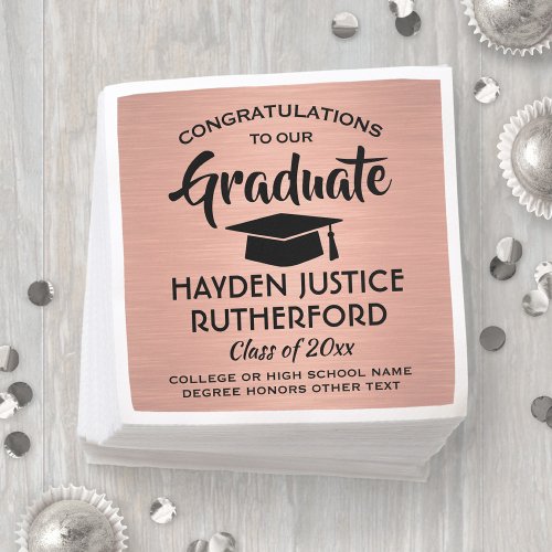 Graduation Congrats Brushed Pink Rose Gold  Black Napkins