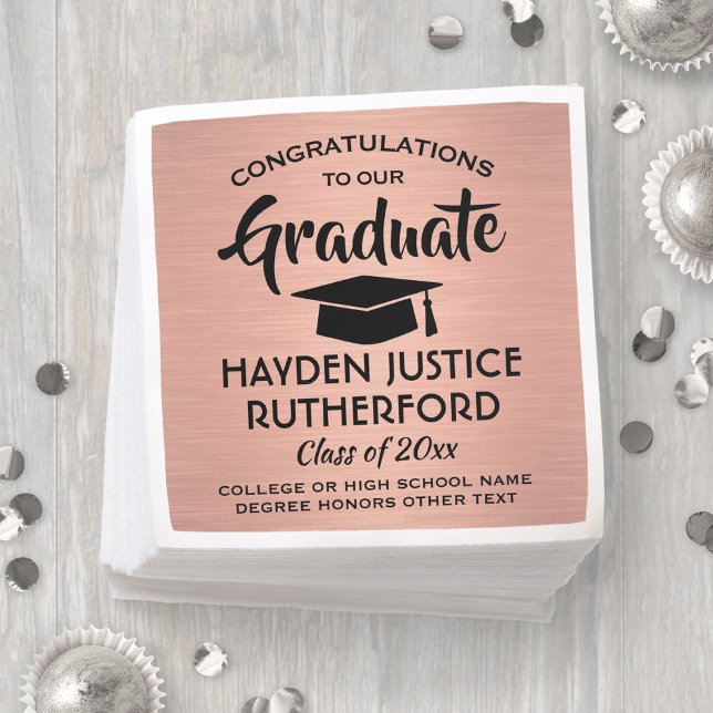 Graduation Congrats Brushed Pink Rose Gold & Black Napkins (Creator Uploaded)