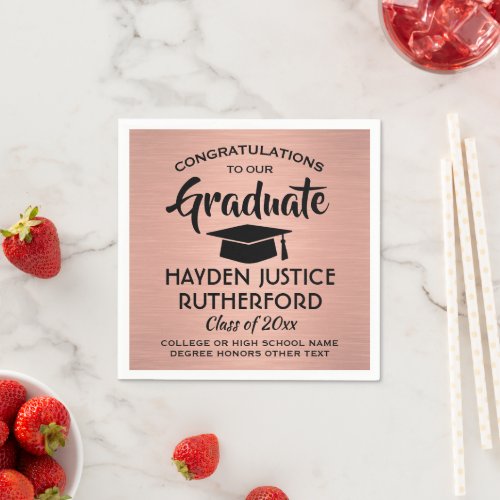Graduation Congrats Brushed Pink Rose Gold  Black Napkins