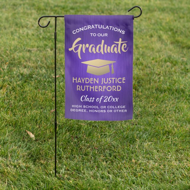 Graduation Congrats Brushed Purple Gold and White Garden Flag (In SItu)