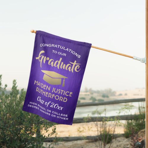 Graduation Congrats Brushed Purple Gold and White House Flag