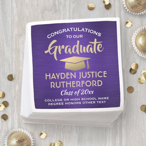 Graduation Congrats Brushed Purple Gold and White Napkins