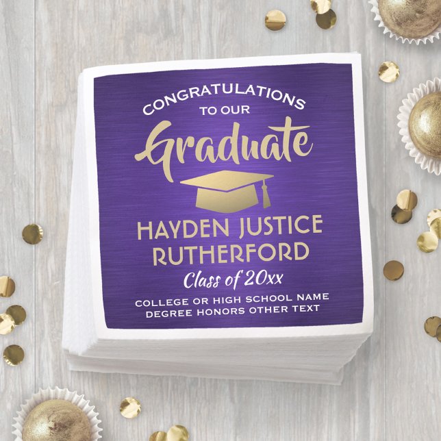 Graduation Congrats Brushed Purple Gold and White Napkins (Creator Uploaded)
