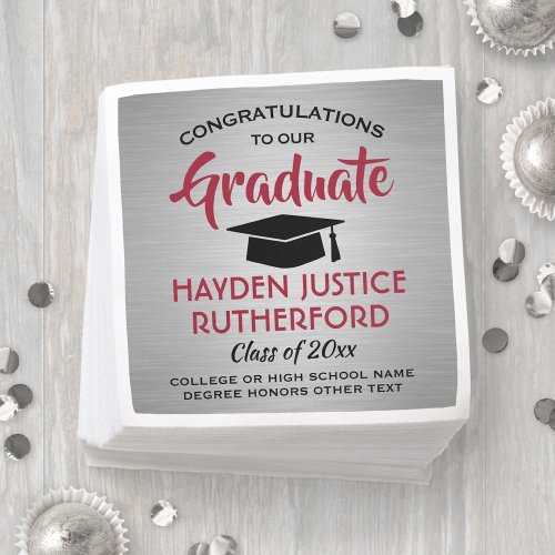 Graduation Congrats Brushed Silver Gray Red Black Napkins