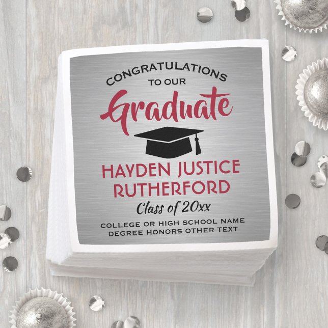 Graduation Congrats Brushed Silver Gray Red Black Napkins (Creator Uploaded)