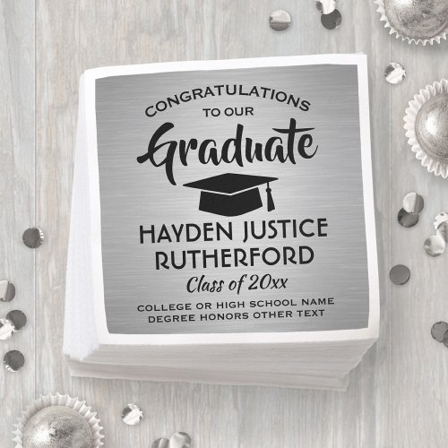 Graduation Congrats Brushed Stainless Silver Black Napkins