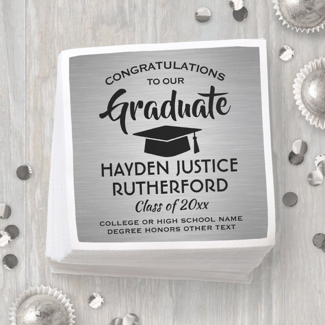 Graduation Congrats Brushed Stainless Silver Black Napkins (Creator Uploaded)