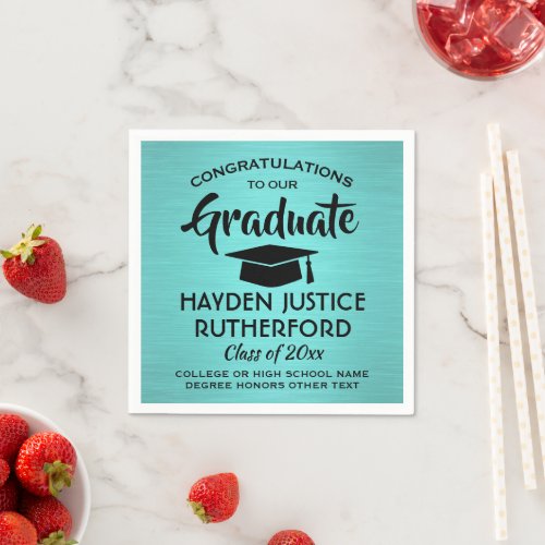 Graduation Congrats Brushed Teal Blue and Black Napkins