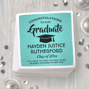 Graduation Congrats Brushed Teal Blue and Black Napkins