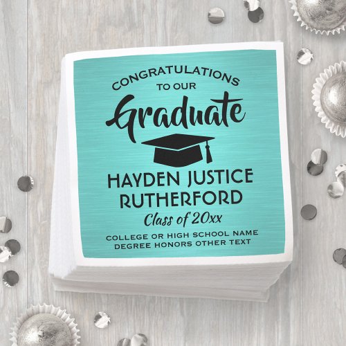 Graduation Congrats Brushed Teal Blue and Black Napkins