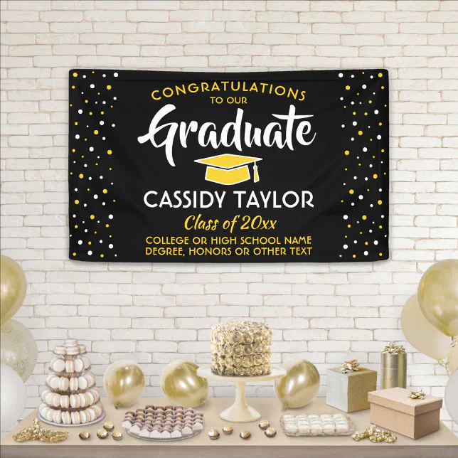 Graduation Congrats Confetti Black Gold Yellow Banner | Zazzle