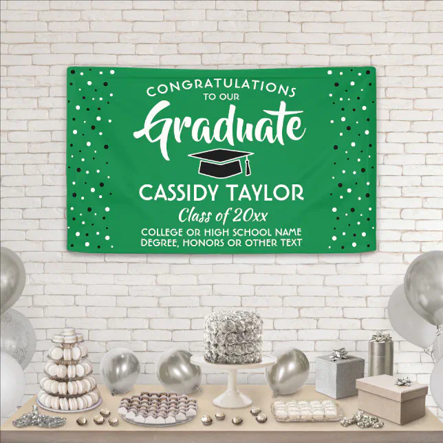 Graduation Congrats Confetti Green White and Black Banner | Zazzle