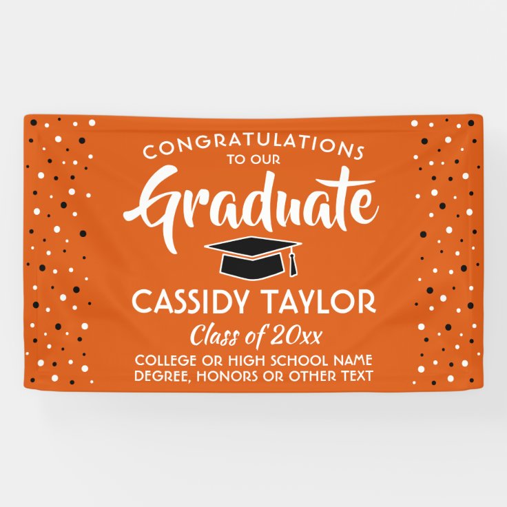 Graduation Congrats Confetti Orange White &amp; Black Banner | Zazzle