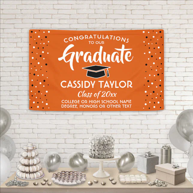 Graduation Congrats Confetti Orange White &amp; Black Banner | Zazzle