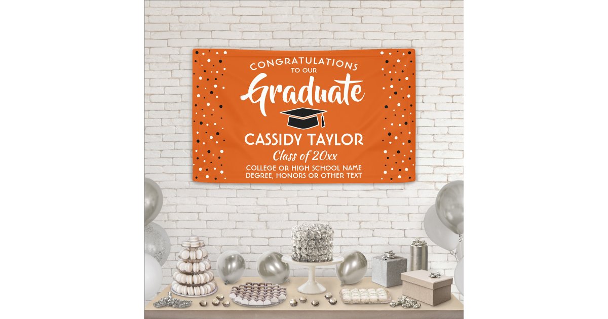 Graduation Congrats Confetti Orange White &amp; Black Banner | Zazzle