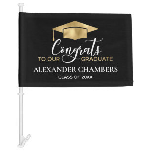 Graduation Congrats Elegant Black Gold Car Flag