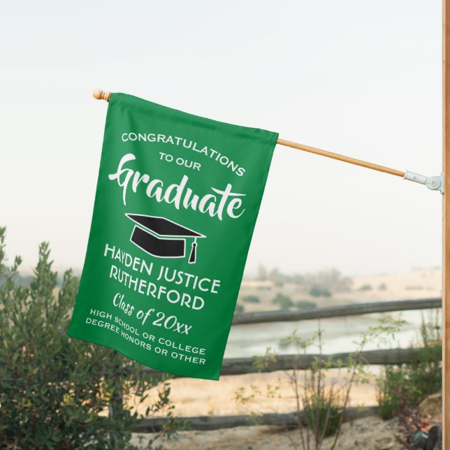 Graduation Congrats Elegant Green White and Black House Flag (Insitu (Back))