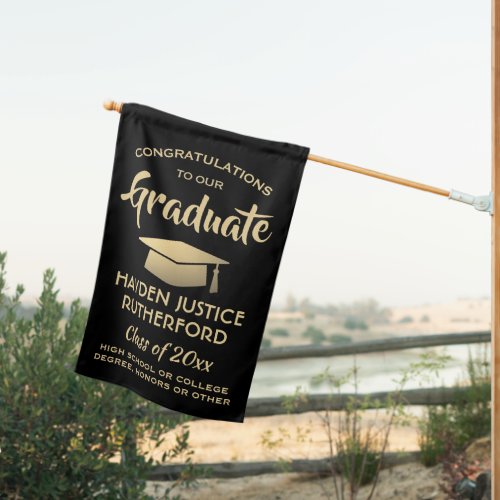 Graduation Congrats Elegant Modern Black and Gold House Flag