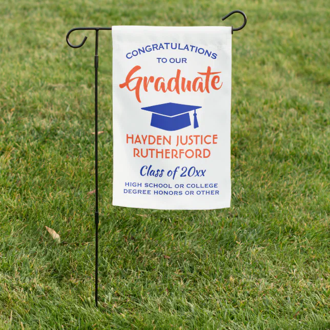 Graduation Congrats Elegant Modern Orange and Blue Garden Flag | Zazzle