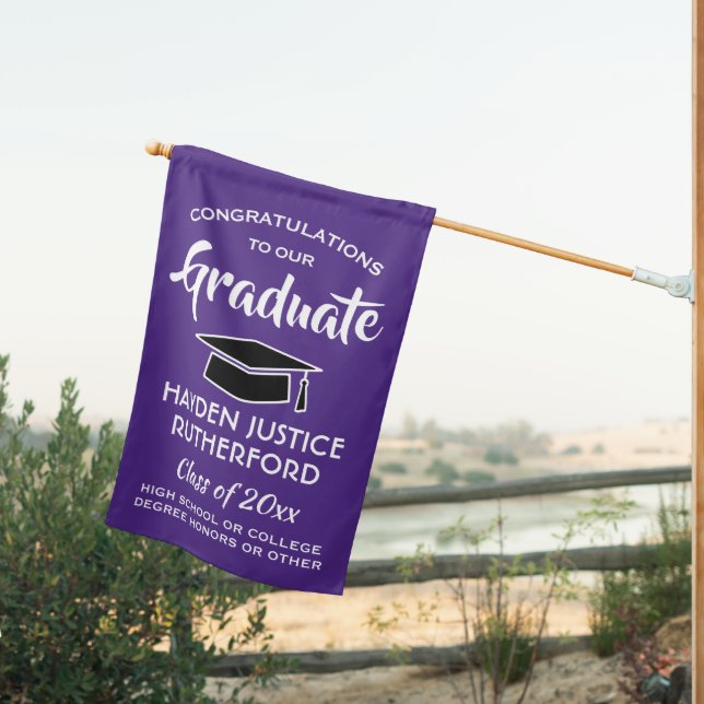Graduation Congrats Elegant Modern Purple & White House Flag (Insitu (Back))