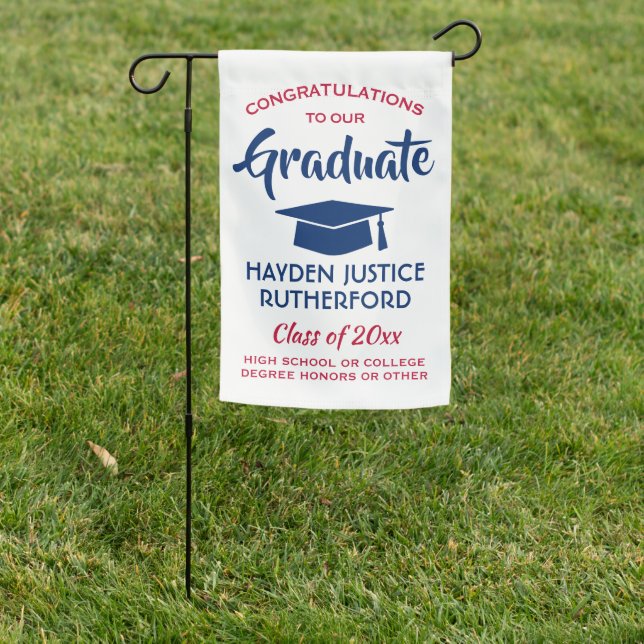 Graduation Congrats Elegant Modern Red White Blue Garden Flag (In SItu)
