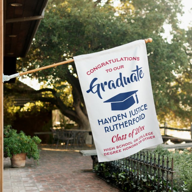 Graduation Congrats Elegant Modern Red White Blue House Flag (In SItu)