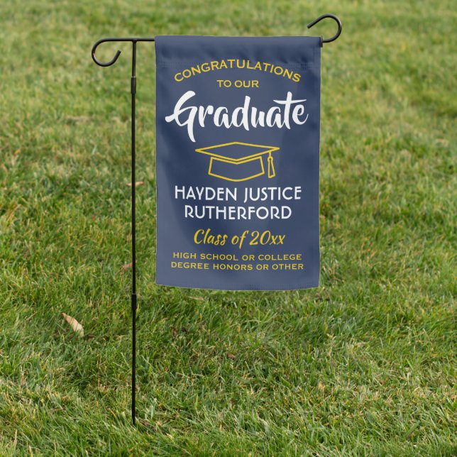 Graduation Congrats Elegant Navy Blue Gold Yellow Garden Flag (In SItu)