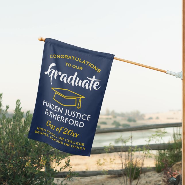 Graduation Congrats Elegant Navy Blue Gold Yellow House Flag (Insitu (Back))