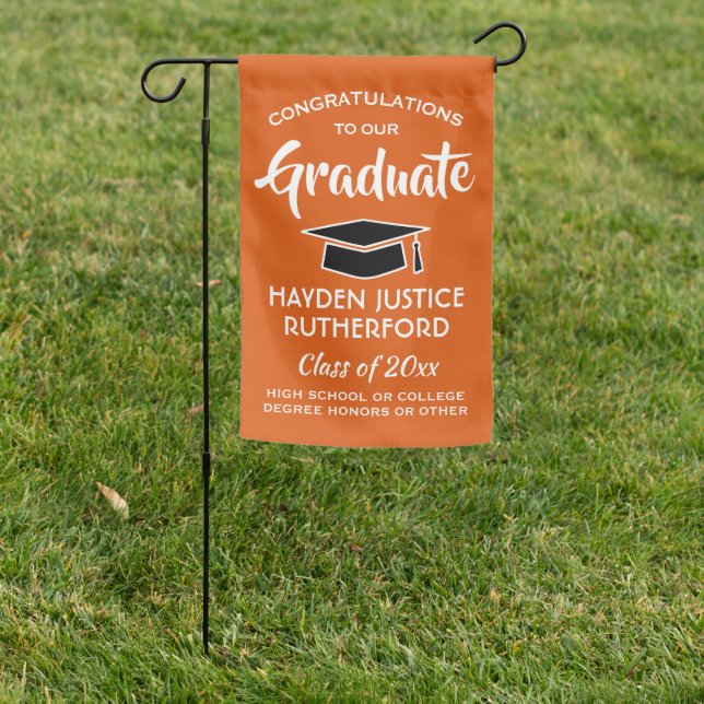 Graduation Congrats Elegant Orange White and Black Garden Flag (In SItu)