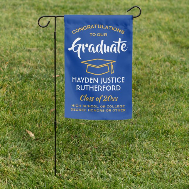 Graduation Congrats Elegant Royal Blue Gold Yellow Garden Flag (In SItu)